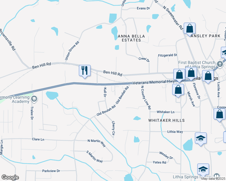 map of restaurants, bars, coffee shops, grocery stores, and more near 4090 Veterans Memorial Highway in Lithia Springs