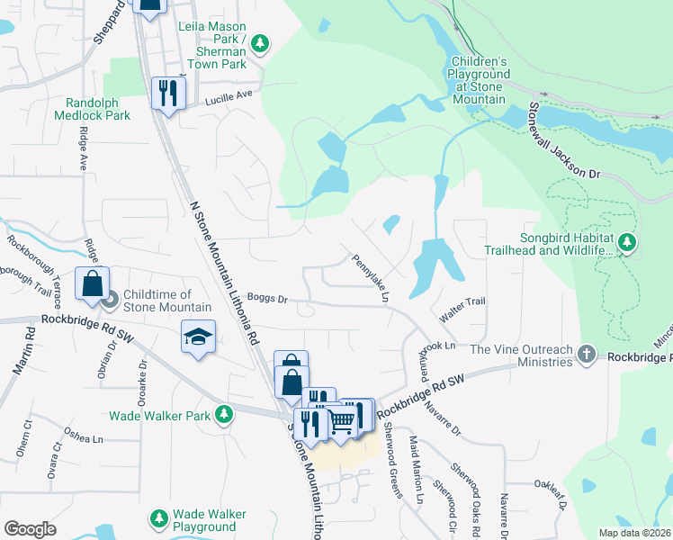 map of restaurants, bars, coffee shops, grocery stores, and more near 5583 Pennybrook Trail in Stone Mountain