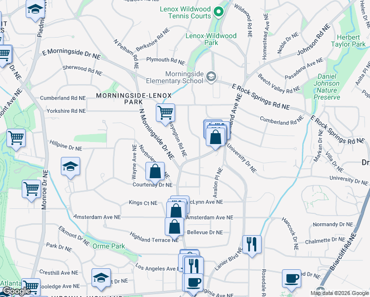 map of restaurants, bars, coffee shops, grocery stores, and more near 1357 North Morningside Drive Northeast in Atlanta