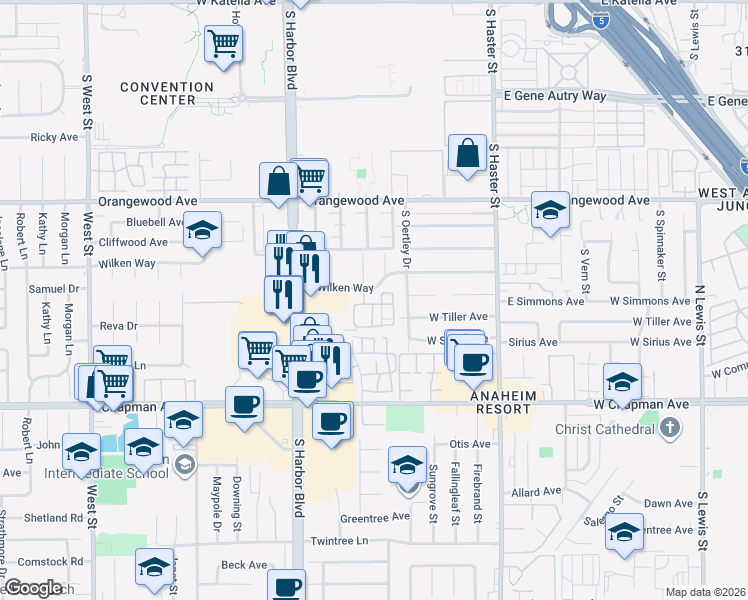 map of restaurants, bars, coffee shops, grocery stores, and more near 500 West Summerfield Circle in Anaheim