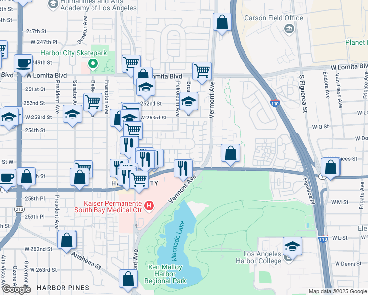map of restaurants, bars, coffee shops, grocery stores, and more near 1011 Harbor Village Drive in Los Angeles