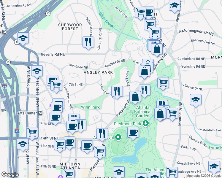 map of restaurants, bars, coffee shops, grocery stores, and more near 59 The Prado Northeast in Atlanta