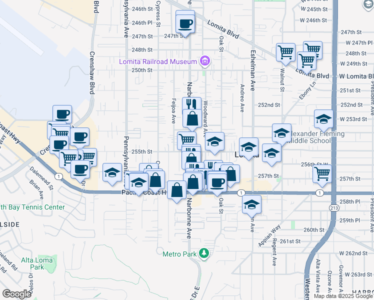 map of restaurants, bars, coffee shops, grocery stores, and more near 25449 Narbonne Avenue in Lomita