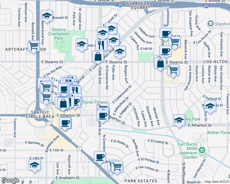 map of restaurants, bars, coffee shops, grocery stores, and more near 2035 Litchfield Avenue in Long Beach