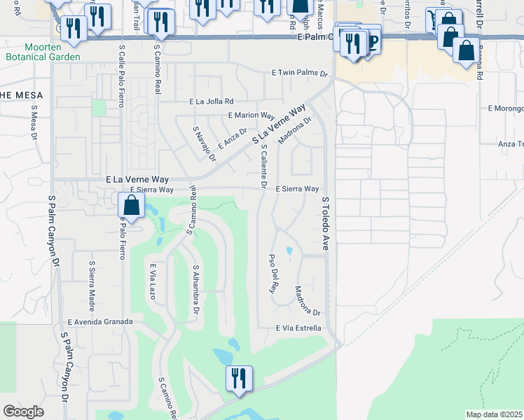map of restaurants, bars, coffee shops, grocery stores, and more near 2170 South Caliente Drive in Palm Springs