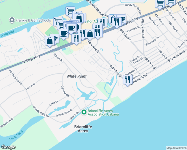 map of restaurants, bars, coffee shops, grocery stores, and more near 2129 Ocean Creek Drive in Myrtle Beach