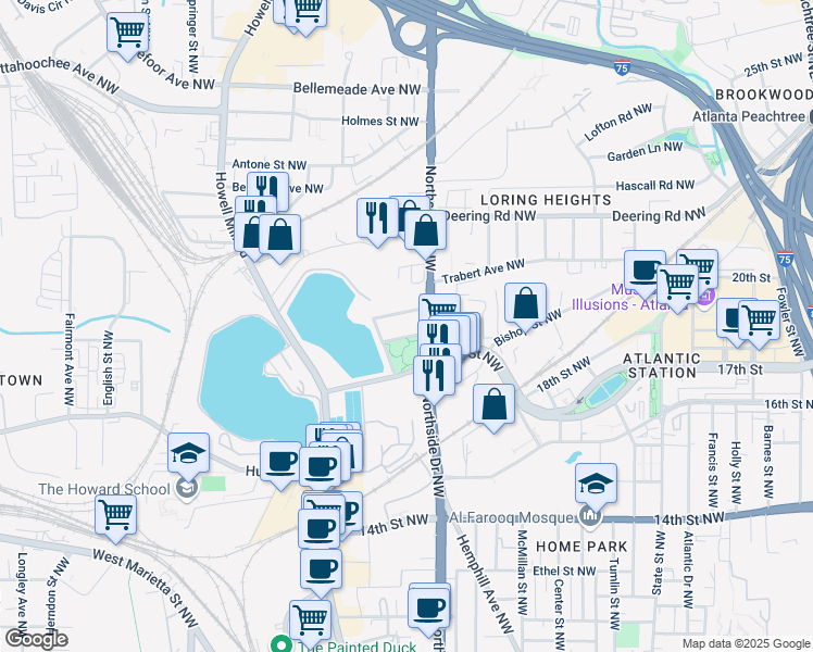 map of restaurants, bars, coffee shops, grocery stores, and more near 637 Hoke Street Northwest in Atlanta