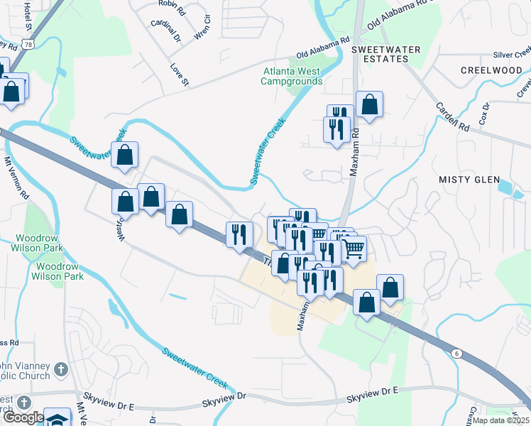 map of restaurants, bars, coffee shops, grocery stores, and more near 309 Westpark Place in Lithia Springs