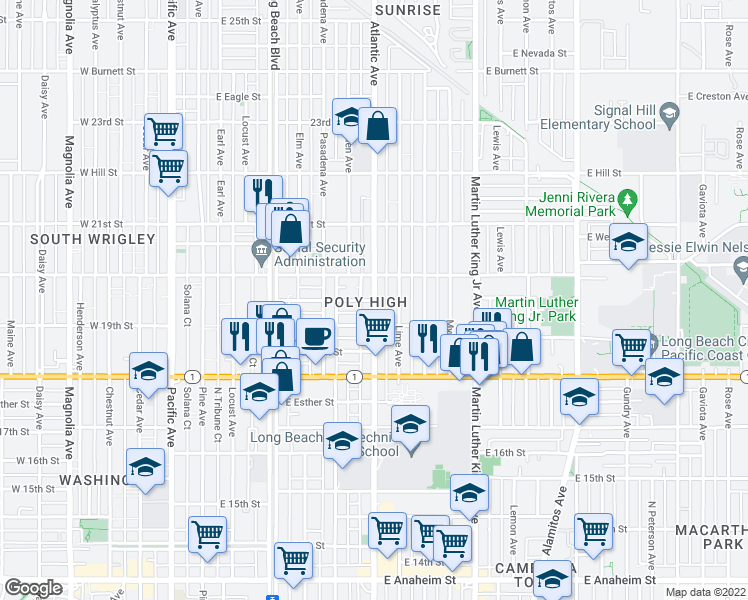 map of restaurants, bars, coffee shops, grocery stores, and more near Atlantic Avenue & East Rhea Street in Long Beach