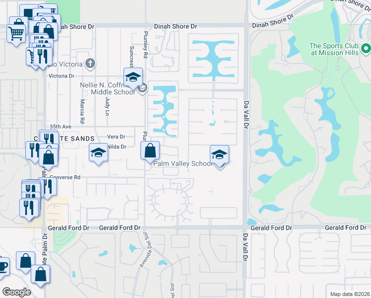 map of restaurants, bars, coffee shops, grocery stores, and more near 69713 Camino Pacifico in Rancho Mirage