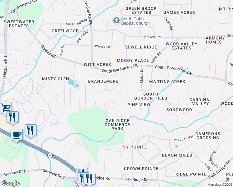 map of restaurants, bars, coffee shops, grocery stores, and more near 6727 Oak Ridge Commerce Way in Austell