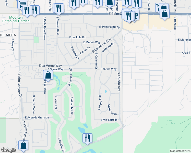 map of restaurants, bars, coffee shops, grocery stores, and more near 2170 South Caliente Drive in Palm Springs