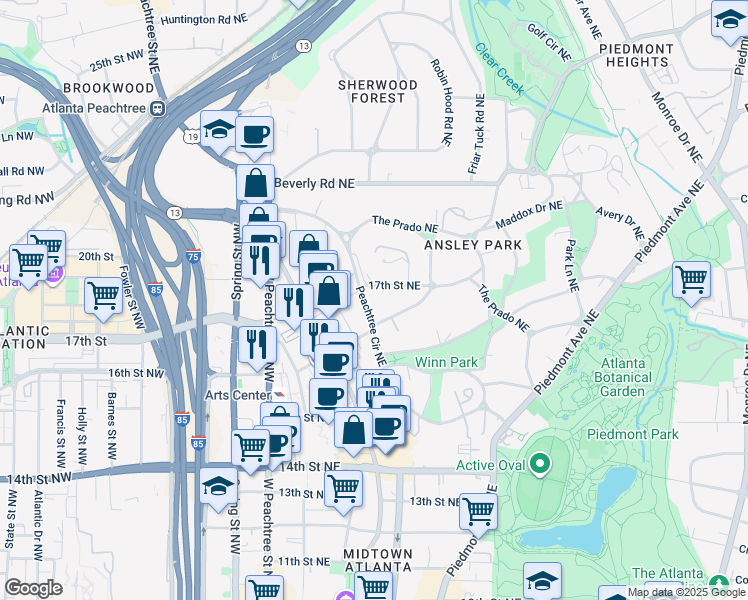 map of restaurants, bars, coffee shops, grocery stores, and more near 108 Peachtree Circle Northeast in Atlanta