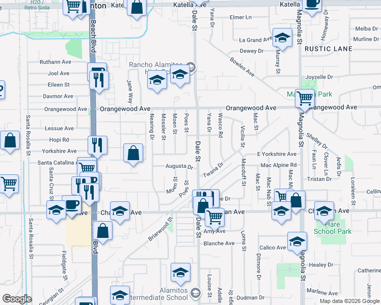 map of restaurants, bars, coffee shops, grocery stores, and more near 11692 Poes Street in Anaheim