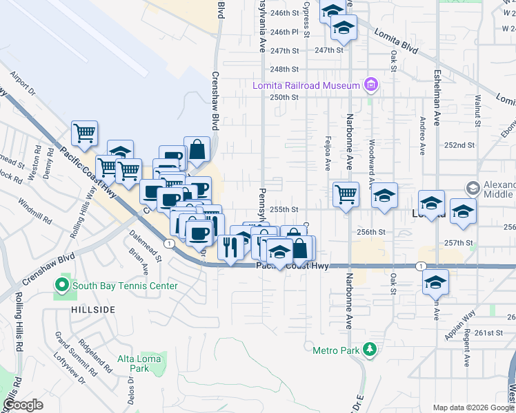 map of restaurants, bars, coffee shops, grocery stores, and more near in Lomita