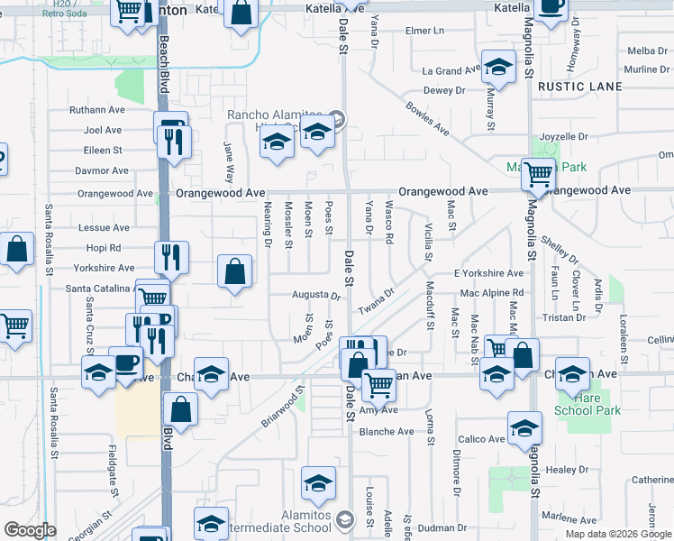 map of restaurants, bars, coffee shops, grocery stores, and more near 11692 Poes Street in Anaheim