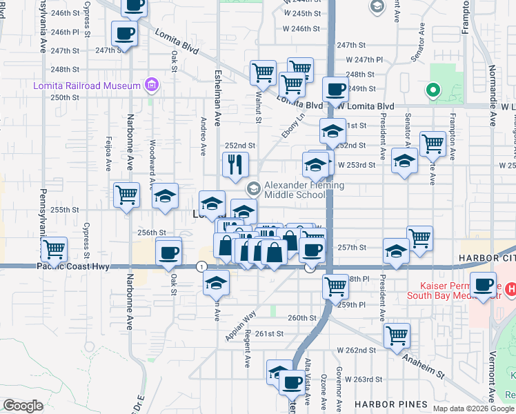 map of restaurants, bars, coffee shops, grocery stores, and more near 25425 Walnut Street in Lomita