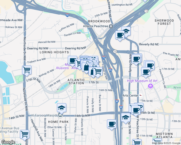 map of restaurants, bars, coffee shops, grocery stores, and more near 245 18th Street Northwest in Atlanta