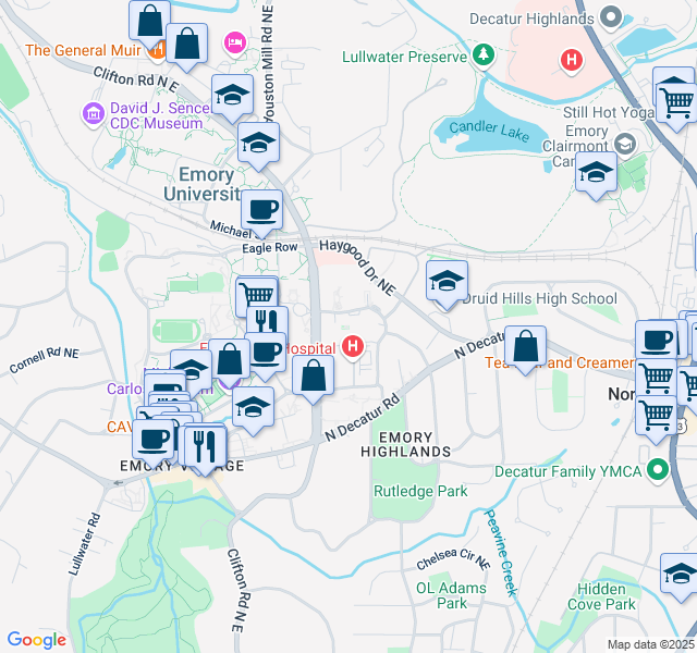 map of restaurants, bars, coffee shops, grocery stores, and more near 1365 Clifton Road Northeast in Atlanta