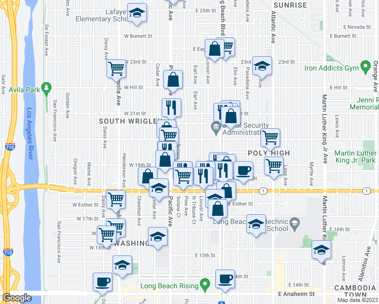 map of restaurants, bars, coffee shops, grocery stores, and more near 1940 Pine Avenue in Long Beach