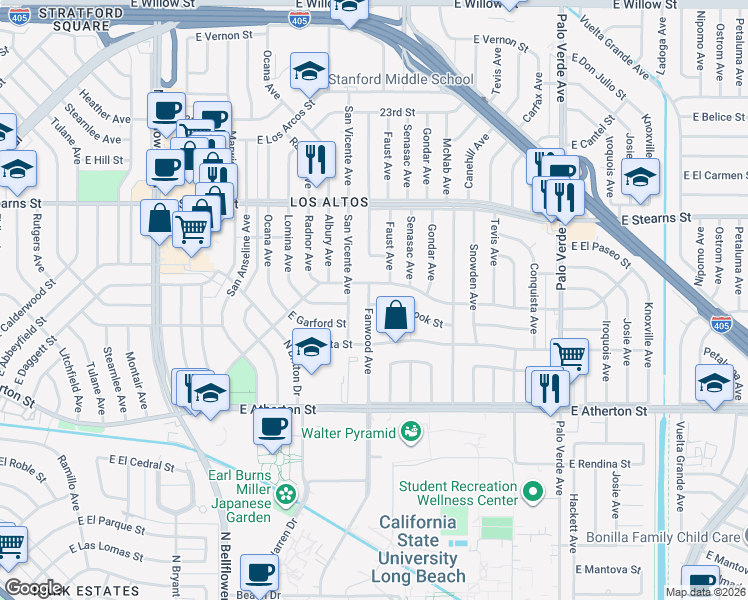 map of restaurants, bars, coffee shops, grocery stores, and more near 1940 Fanwood Avenue in Long Beach