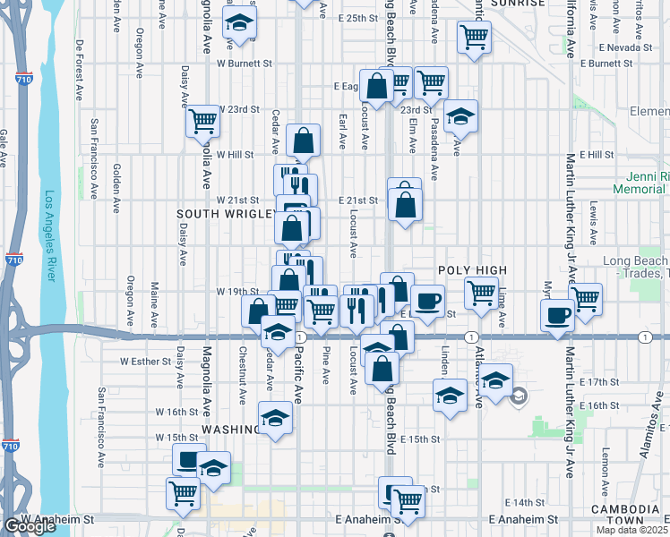 map of restaurants, bars, coffee shops, grocery stores, and more near 1907 Pine Avenue in Long Beach