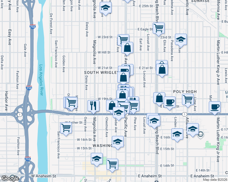 map of restaurants, bars, coffee shops, grocery stores, and more near 1911 Cedar Avenue in Long Beach
