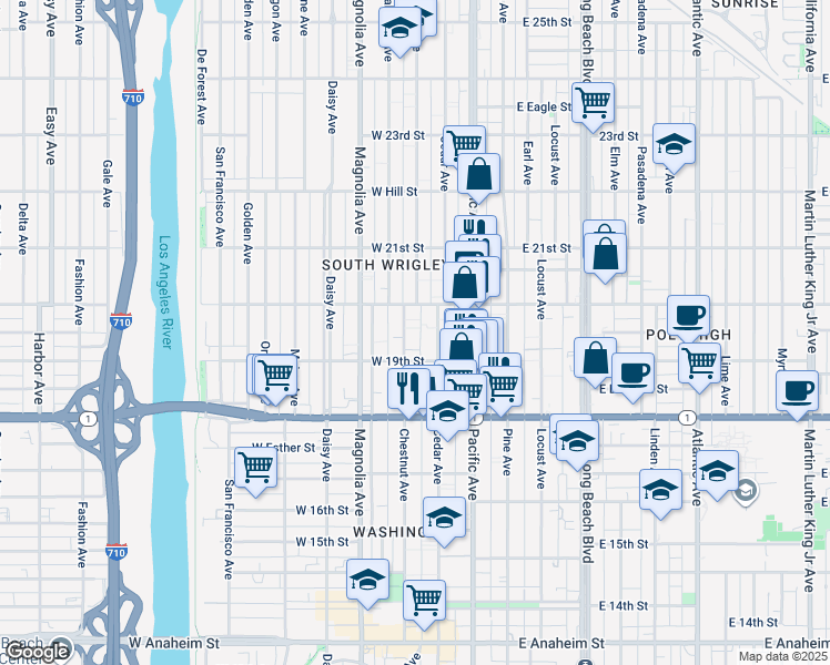 map of restaurants, bars, coffee shops, grocery stores, and more near 1911 Cedar Avenue in Long Beach