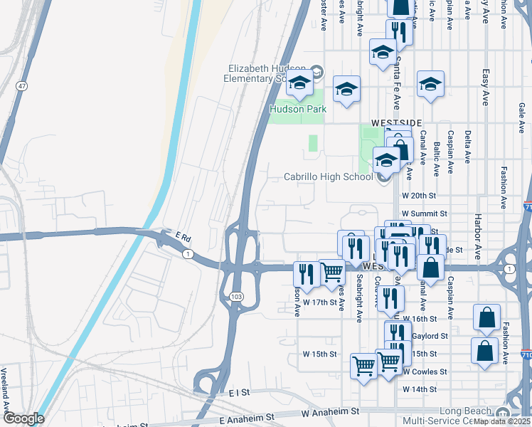 map of restaurants, bars, coffee shops, grocery stores, and more near 2041 San Gabriel Avenue in Long Beach