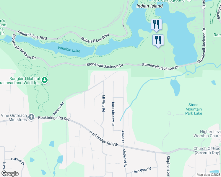 map of restaurants, bars, coffee shops, grocery stores, and more near 600 Rock Shadow Court in Stone Mountain