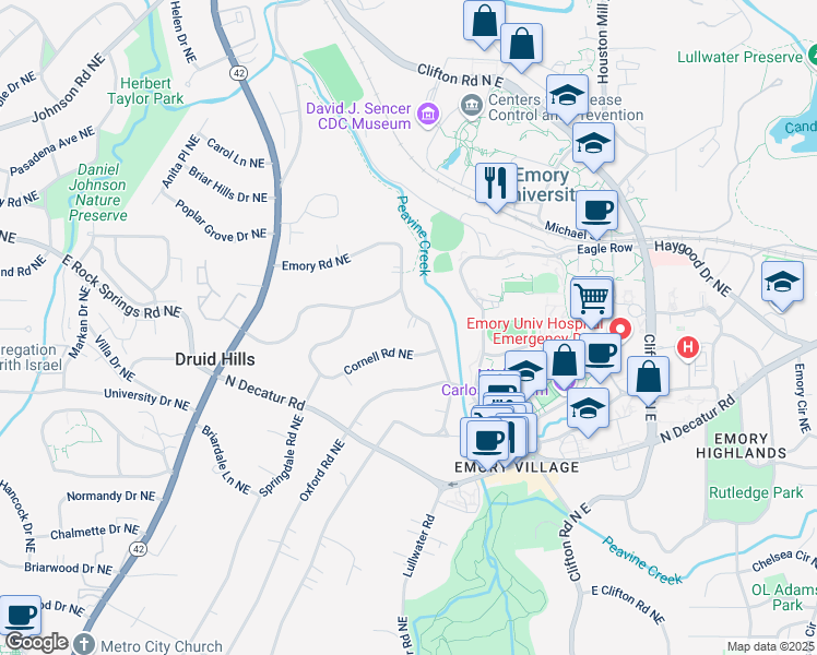 map of restaurants, bars, coffee shops, grocery stores, and more near 1503 Emory Road Northeast in Atlanta