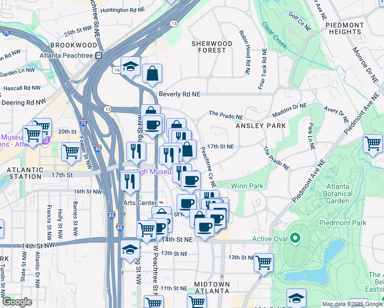 map of restaurants, bars, coffee shops, grocery stores, and more near 1365 Peachtree Street Northeast in Atlanta