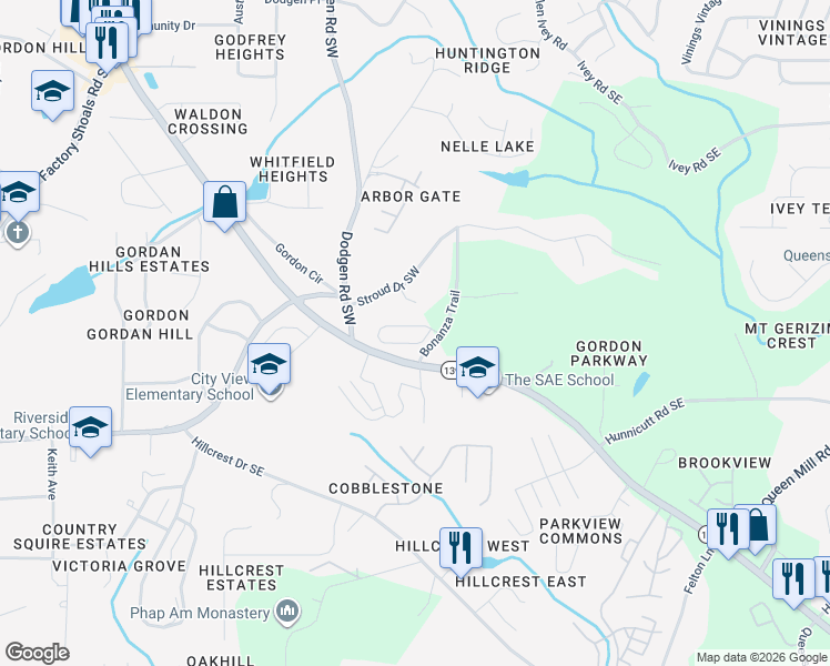 map of restaurants, bars, coffee shops, grocery stores, and more near 6633 Mableton Parkway Southwest in Mableton