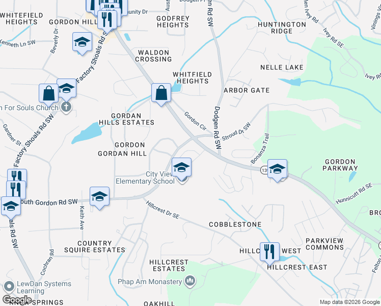 map of restaurants, bars, coffee shops, grocery stores, and more near 6590 Mableton Parkway Southwest in Mableton