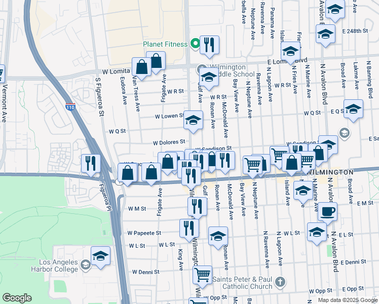 map of restaurants, bars, coffee shops, grocery stores, and more near 1503 1/2 North Wilmington Boulevard in Los Angeles