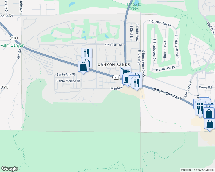 map of restaurants, bars, coffee shops, grocery stores, and more near Lavender Lane in Palm Springs