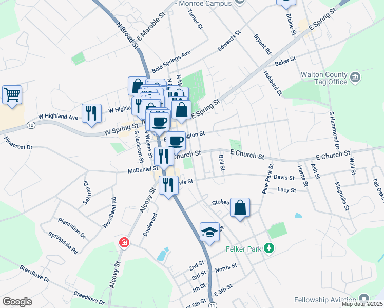 map of restaurants, bars, coffee shops, grocery stores, and more near 223 South Madison Avenue in Monroe