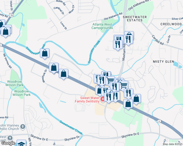map of restaurants, bars, coffee shops, grocery stores, and more near 203 Westpark Place in Lithia Springs