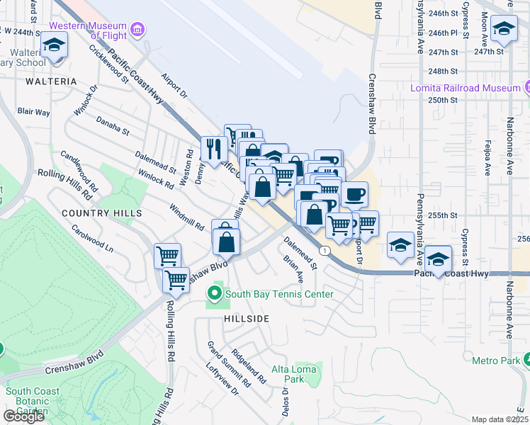 map of restaurants, bars, coffee shops, grocery stores, and more near 2722 Dalemead Street in Torrance