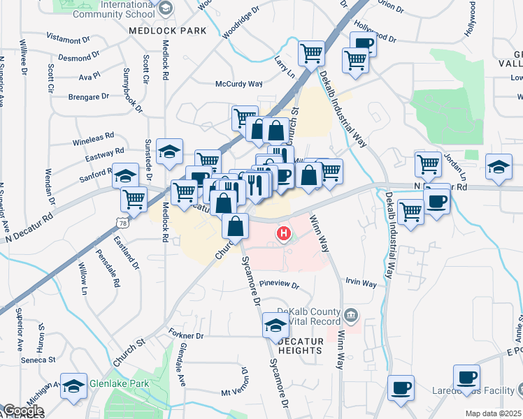 map of restaurants, bars, coffee shops, grocery stores, and more near 1555 Church Street in Decatur