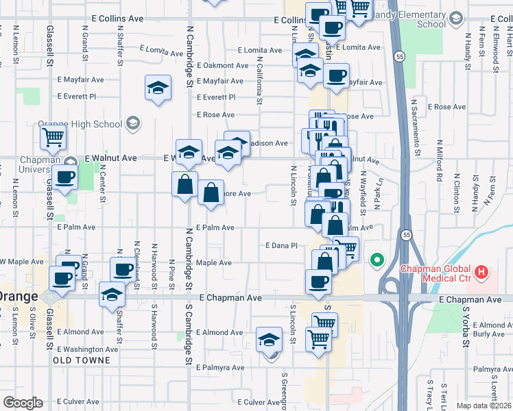 map of restaurants, bars, coffee shops, grocery stores, and more near 365 North Magnolia Street in Orange