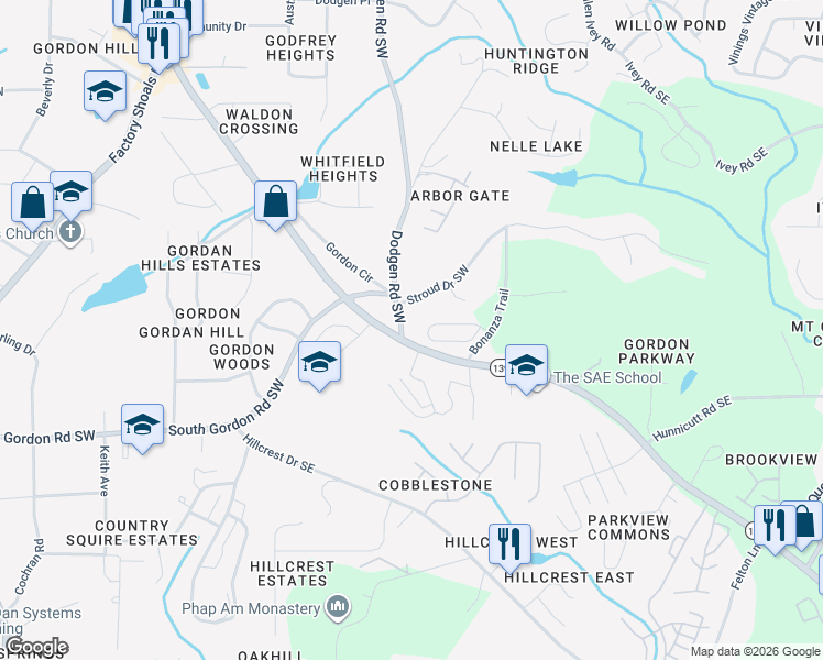 map of restaurants, bars, coffee shops, grocery stores, and more near 6633 Mableton Parkway Southwest in Mableton