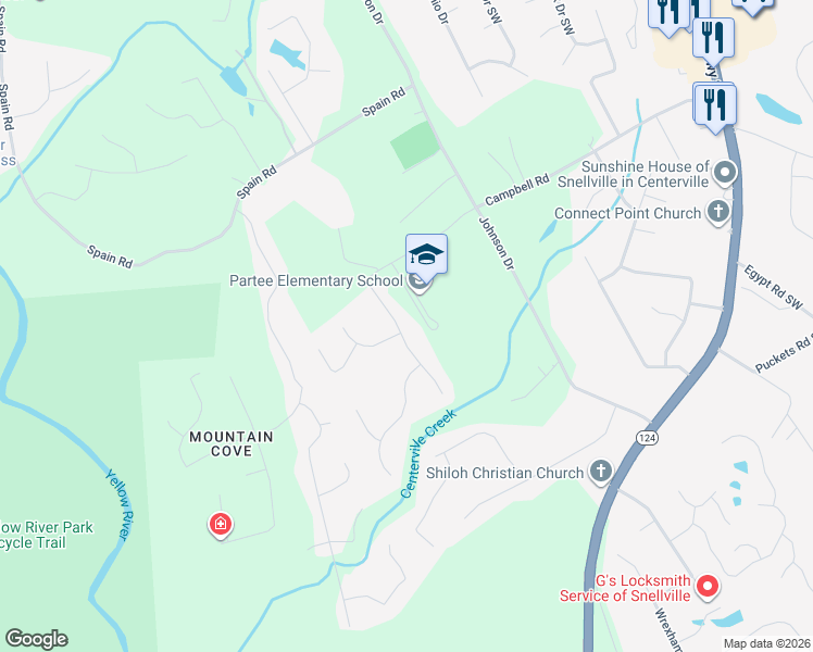 map of restaurants, bars, coffee shops, grocery stores, and more near 3690 Scotland Lane Southwest in Snellville