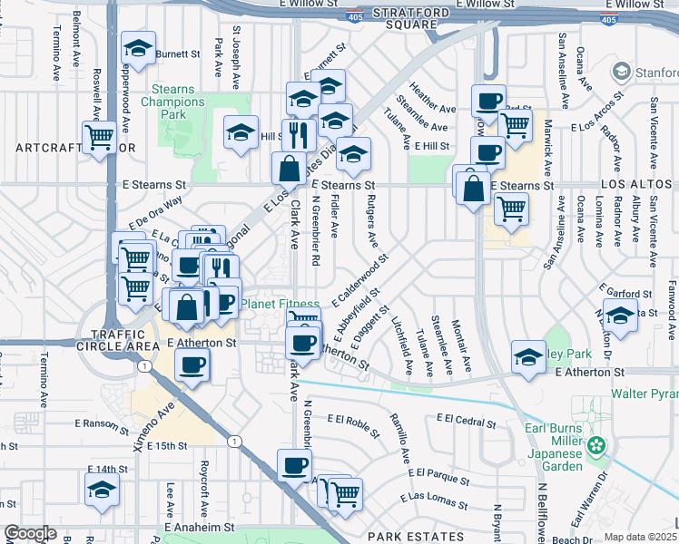 map of restaurants, bars, coffee shops, grocery stores, and more near 2035 Litchfield Avenue in Long Beach