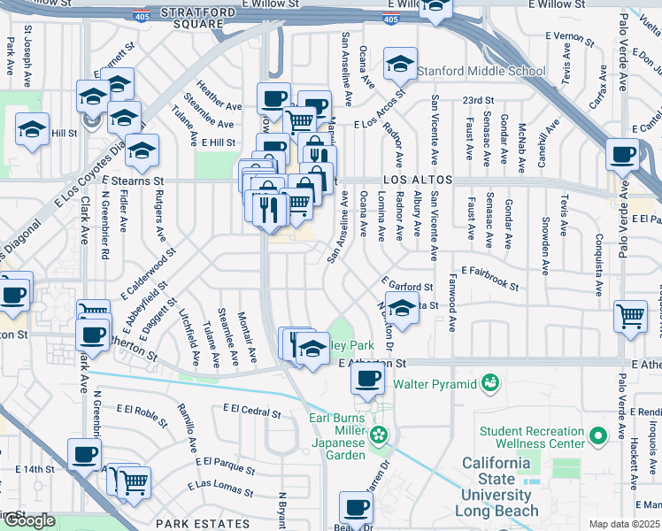 map of restaurants, bars, coffee shops, grocery stores, and more near 2034 San Anseline Avenue in Long Beach