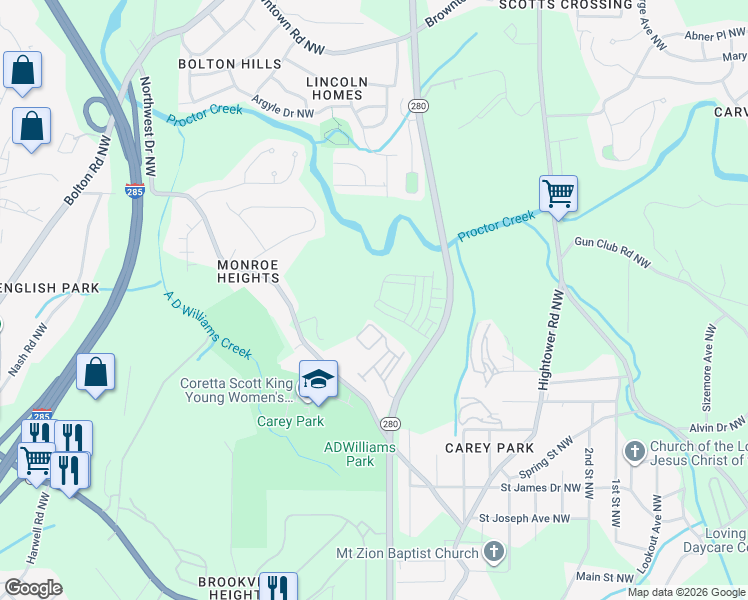 map of restaurants, bars, coffee shops, grocery stores, and more near 1285 Northwest Dr NW in Atlanta