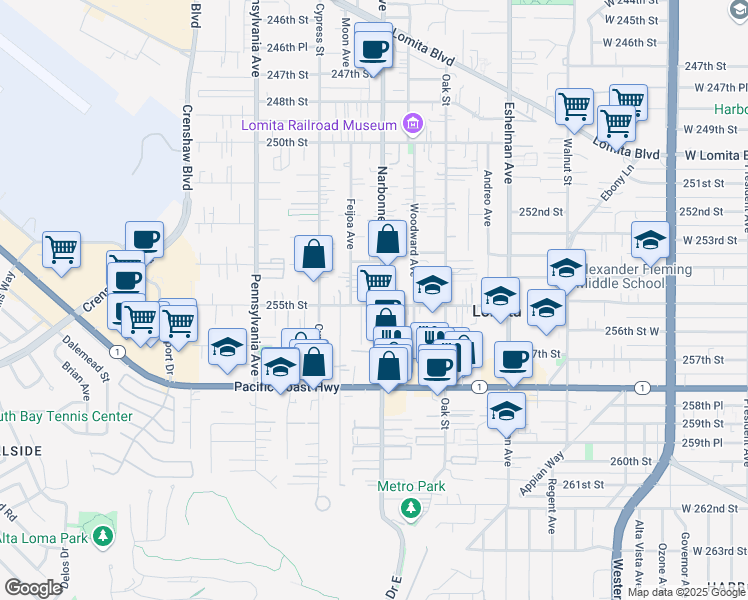 map of restaurants, bars, coffee shops, grocery stores, and more near 25449 Narbonne Avenue in Lomita