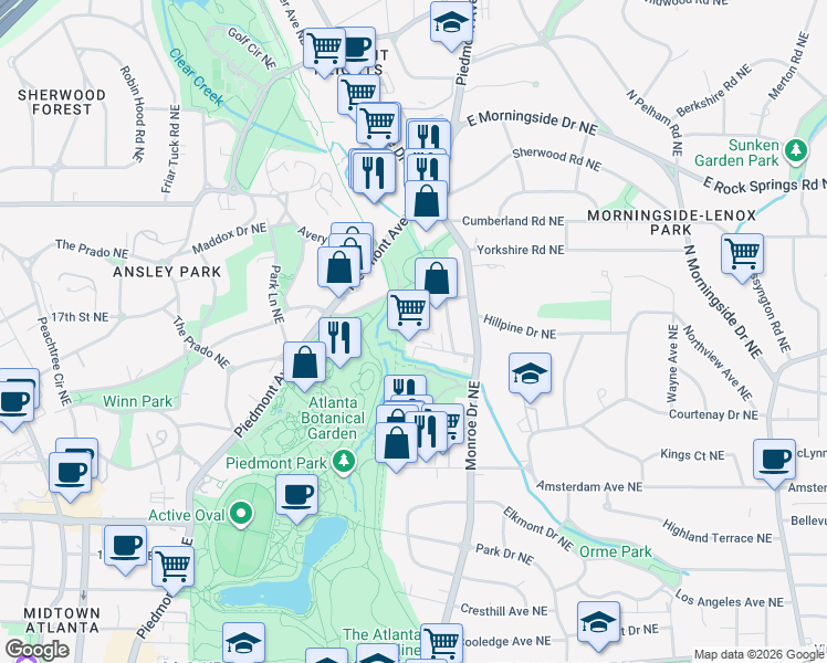 map of restaurants, bars, coffee shops, grocery stores, and more near 555 Dutch Valley Road Northeast in Atlanta