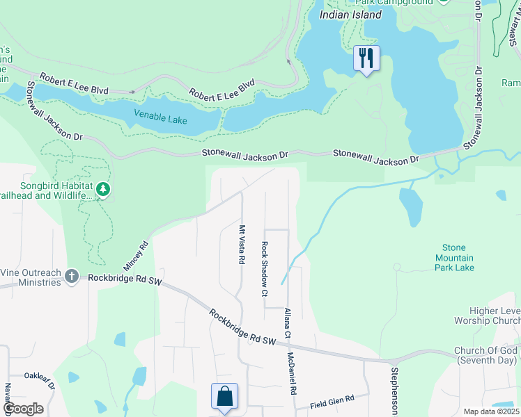 map of restaurants, bars, coffee shops, grocery stores, and more near 600 Rock Shadow Court in Stone Mountain