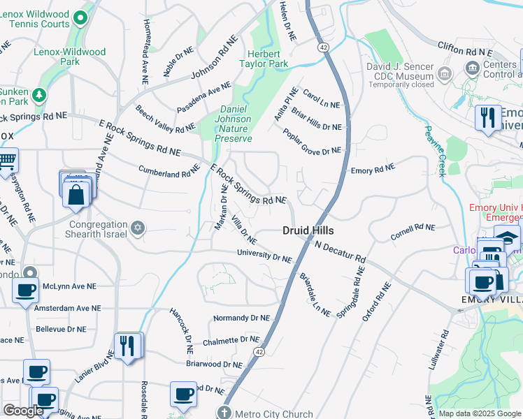 map of restaurants, bars, coffee shops, grocery stores, and more near 550 Rock Springs Court Northeast in Atlanta